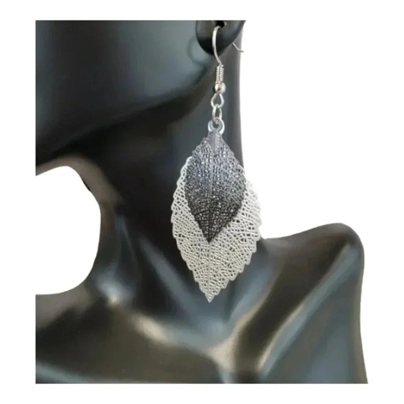 Black and Silver Skeleton Leaf two layer Dangle Earrings - Picture 3 of 8